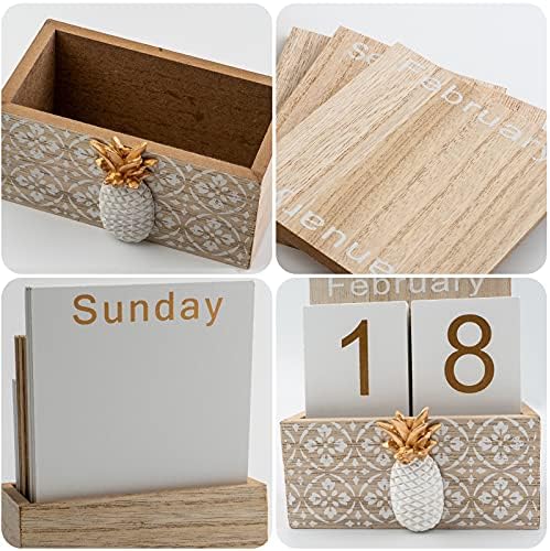 Notakia Vintage Wood Block Perpetual Calendar Month Week Date Display for Home Office Desk Rustic Decoration, Brown pineapple - Image 5