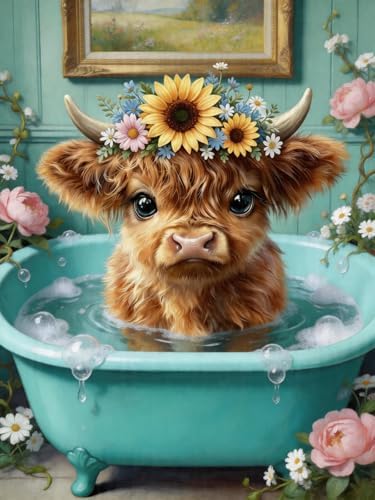 Highland Cow Diamond Art 5D Full Round Drill Diamond Painting Kit by Unknown
