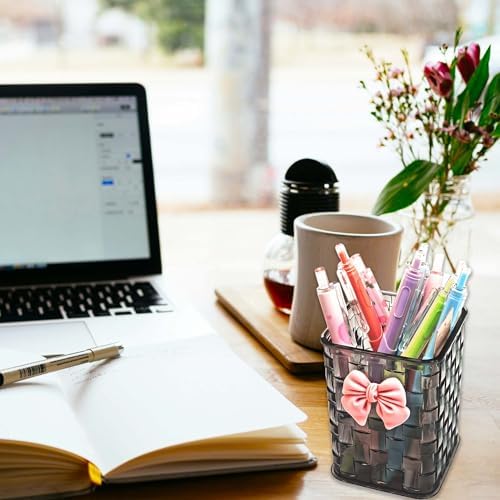 Pen Holder for Desk Cute Acrylic Makeup Brush Holder, Woven Texture with Bow Decor, Desk Stationery Desktop Caddy Cosmetic Accessories for Office, Home, School, Kitchen - Smokey Grey - Image 2