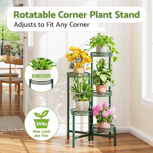 5-Tier Metal Plant Stand Indoor Outdoor, Corner Tall Plant Shelf for Multiple Plants, Foldable Plant Stand, Heavy Duty Flower Stand Holder for House Living Room Balcony Garden Patio -GreenFlower - Image 2