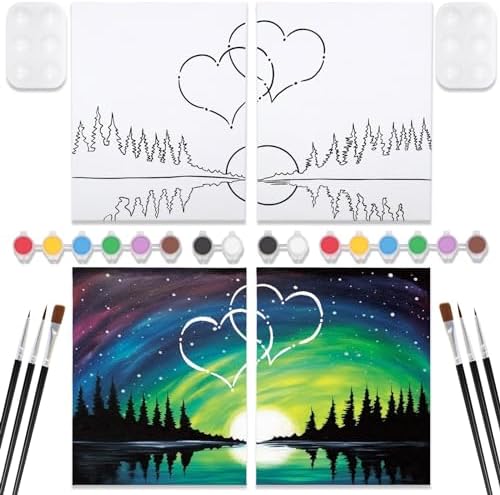VOCHIC 2 Pack Sip and Paint Kit, Pre Drawn Canvas for Painting for Adults, Starry Sky Heart Couple Date Night Games, Outline Canvas Party Art Set, Paints Brushes Pallets Valentine (8x10) by VOCHIC