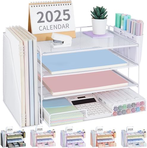 OPNICE Desk Organizer, 4-Tier Desktop File Organizer with Drawer and Pen Holders, Office Desk Accessories, File Sorters, Workspace Organizers for Office Supplies(White) by OPNICE