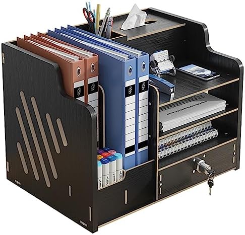Bamboo Desk Organizer, Desktop Wood Bookshelf File Organizer, Pen Holder and Tissue Holder, 1 Drawer with lock for Office, Home, Need to Install (Light black) by Zynersfocusonofficesupplie