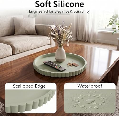 Silicone Bathroom Vanity Trays for Counter - 9.1 Inch Round Small Bathroom Tray with Scalloped Edge, Coffee Table Decor, Decorative Tray for Candle Key Skincare Perfume Storage, Matcha - Image 3