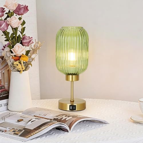 Green Glass Table Lamps Set of 2 with Bulb, Small Touch Beside Lamp with USB Ports, 3 Way Dimmable Desk Lamps, Vintage Gold Nightstand Lamps for Bedroom Living Room, Office, Home Decor - Image 7