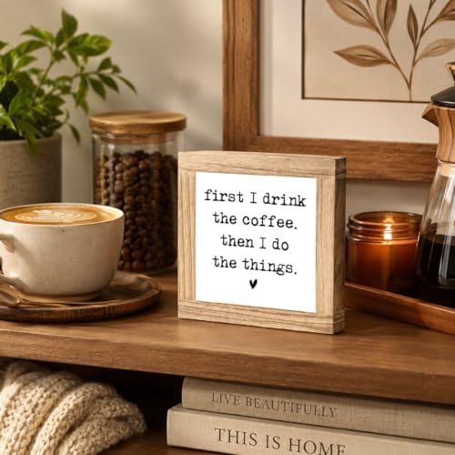 Funny Coffee Sign For Kitchen, Coffee Lover Wooden Block Decor, Farmhouse Counter Display Accent, Cute Coffees Saying Shelf Sitter For Breakfast Nook Cafe Area Home Office, 5.9 x 5.9 in - Image 5