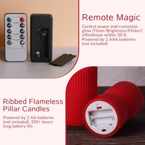 Red Ribbed Flameless Pillar Candles with Remote Set of 2 - Image 3