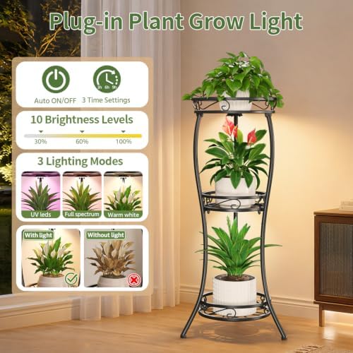 LASZOLA 3 Tiers Metal Corner Plant Stand Tall with Light for Indoor Outdoor - Image 5