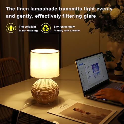 Rattan Bedside Table Lamp Set of 2, Boho Farmhouse Style, with Cotton Linen Lampshade, 6.2×6.2×11.8 Inch Small Nightstand Lamp with E12 LED Warm Light Bulb, One-Button Switch for Bedroom Living Room - Image 3