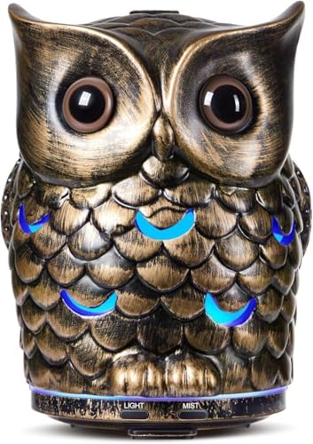 ALIEYE Ceramic Owl Essential Oil Diffuser, 200ml Handmade Aromatherapy Humidifier, 7-Color LED, Auto Shut-Off, Cool Mist for Home Office Yoga, Gifts for Mom Women (Antique Bronze) by ALIEYE