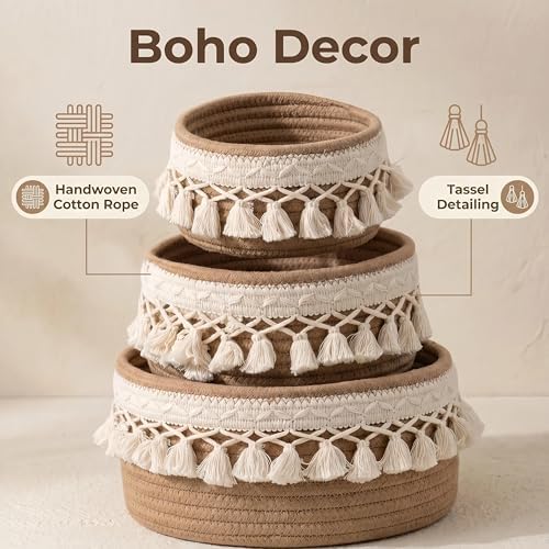 3 Pack Woven Basket,Macrame Makeup Basket,Boho Vanity Cosmetics Desk Storage Baskets,Natural Cotton Rope Pantry Table Organizer Bins for Bedroom Living Room Bathroom School Shelves Office Desk - Image 4