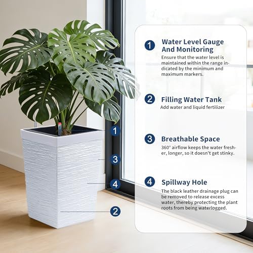 Garvee 16" Tall Planters Set of 2, Self Watering Tall Planters, Outdoor＆Indoor Planter Pots, High Front Porch Planters Pots with Drainage Holes＆Water Level Monitor, White - Image 3