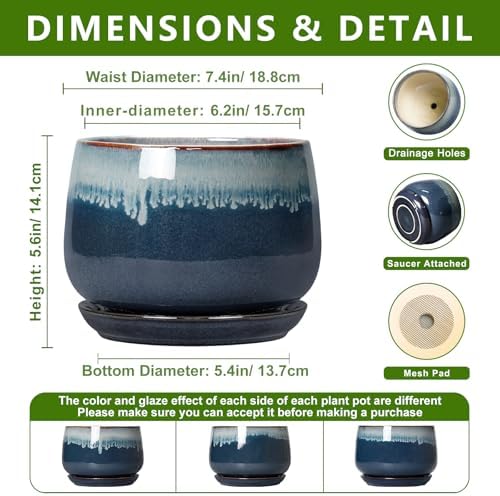 7 Inch Plant Pot Indoor, Ceramic Plant Pots, Retro Blue - Image 2