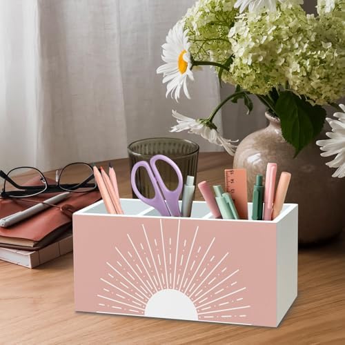 DILSJ Pink Boho Abstract Sunshine Pen Pencil Holder Organizer for Desk, Boho Office Decor, Pink Mid Century Modern Minimalist Sun Sunshine Wooden Box Signs for Home Office Desk Tabletop Decoration - Image 4