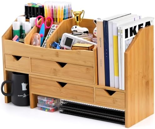 Lawei Bamboo Desk Organizer with Adjustable File Holder, Mini Desk Drawer Tabletop Organization Box with 4 Drawers for Makeup, Letter, Pens, Home Office Supplies, Vanity, 3 Layer, Fully Assembled by ENJOYEVERYMOMENT