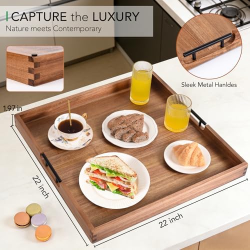Joy&Grace Acacia Wood Ottoman Tray with Handles 22" x 22" - Image 2