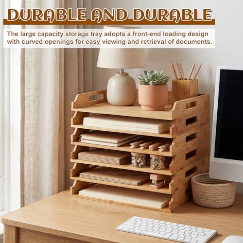 AceOrbit 6 Pcs Stackable Paper Tray Bamboo Wood Desk Organizer Letter Tray - Image 5