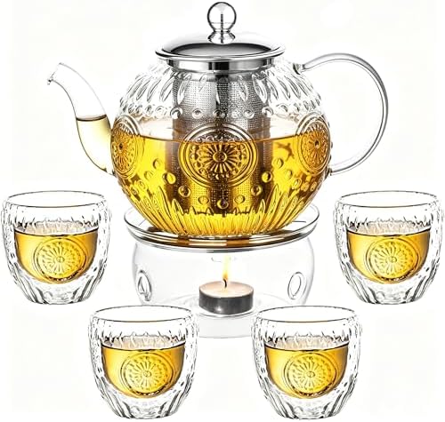 Amzcku 50OZ/1500ml Vintage Glass Teapot Set with 4 Cups, Teapot Set with Removable Infuser Stovetop Safe, Borosilicate Glass Tea Kettle for Blooming & Loose Leaf Tea by Amzcku
