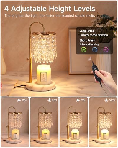 Candle Warmer Lamp with Timer Dimmer and 3 Bulbs, Candle Lamp Warmer with Marble Base for Adjustable Height, Crystal Candle Lamp for Jar Candles, House Warming Gifts Home Room Decor, Gold - Image 3