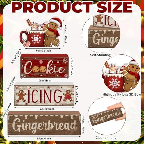 Moucuny 4 Pcs Christmas Table Decor Wooden Gingerbread Cocoa Block Signs - Image 4