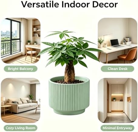 Ceramic Pots 5.1 Inch Fluted Green Ceramic Planters Round Flower Pots with Drainage Hole for Desk Modern Office Living Room Table Shelf Home Indoor Outdoor Decor (Green, Medium) - Image 5