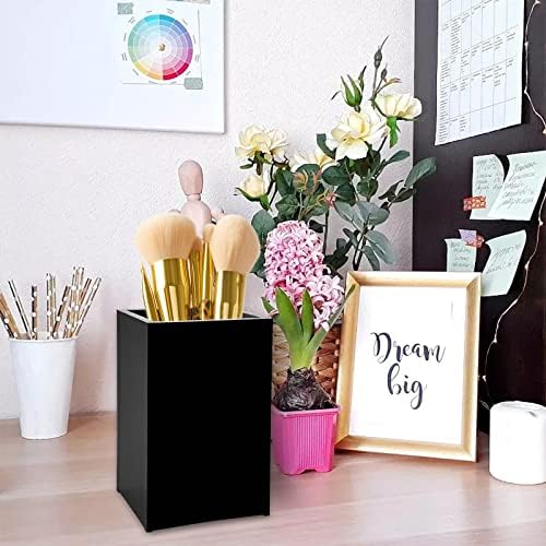 2 Pack Black Acrylic Pencil Pen Holder Cup,Desk Accessories Holder,Makeup Brush Storage Organizer,Modern Design Desktop Stationery Organizer for Office School Home Supplies,2.6x 2.6x 4 inches - Image 4