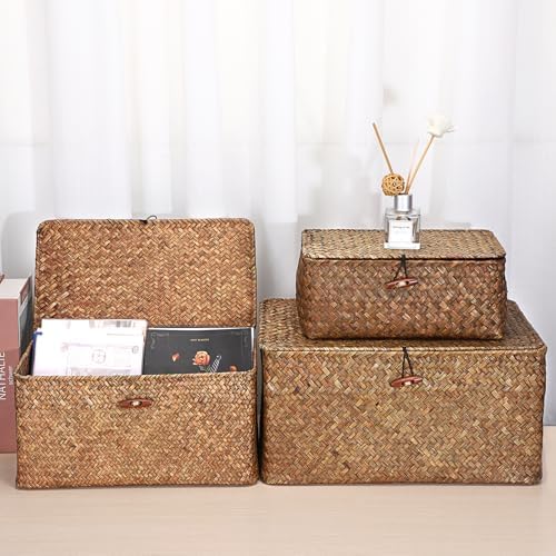 Hipiwe Set of 3 Seagrass Storage Baskets with Lid - Large Woven Wicker Bins - Image 2