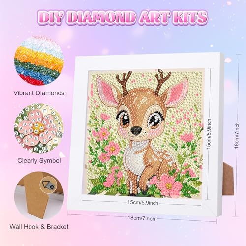GHHKUD Deer Diamond Art Painting Kits for Adults with Frame, Diamond Art Animals Crafts for Ages 4-6-8-12, Easy to DIY Gem Painting Gifts Home Wall Decor 15x15cm (Beautiful Packages) - Image 2