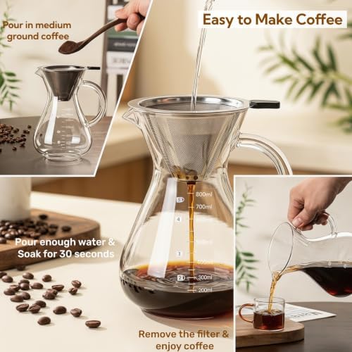 Pour Over Coffee Maker Set with Reusable Stainless Filter 27 fl oz, Heat-Resistant Borosilicate Glass Paperless Pour Over Coffee Dripper with coaster for Home Daily coffee - Image 6