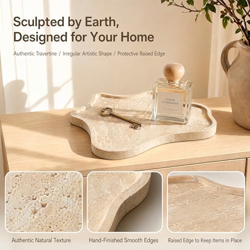 Natural Yellow Travertine Stone Tray Irregular Shape Decorative Organizer for Bathroom Vanity, Kitchen Countertop & Coffee Table | Unique Textured Display for Perfume, Candles, Jewelry（Large） - Image 3