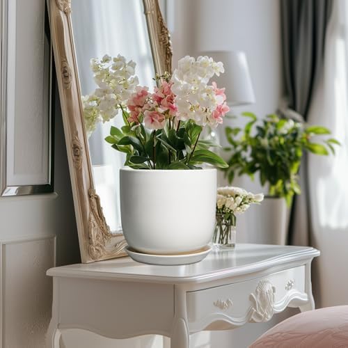Ceramic Plant Pot - Modern 8 Inch Round Planter for Indoor Outdoor Plants with Drainage Hole and Saucer, Home House Room Office Decor, White - Image 5
