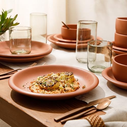 Bloomhouse - Two Time Oprah's Favorite Things Winner - Corsica Clay 12-Piece Stoneware Rustic Reactive Glaze Dinnerware Set - Stackable Plates Bowls Set Service for 4 - Matte Burnt Apricot Terracotta - Image 4