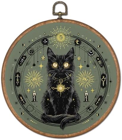 OFJE Boho Celestial Black Cat Wall Art Decor, Gothic Witchy Black Cat Round Wall Hanging Decor, Mystical Sun Evil Eye Framed Canvas Prints for Home Bedroom Living Room Decorations, 10x10 Inch by Unknown