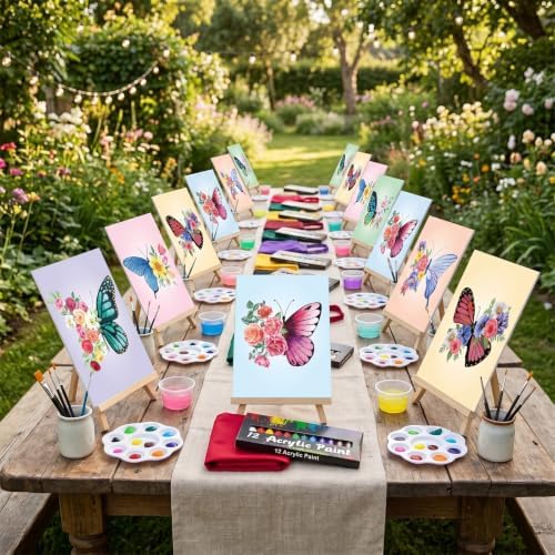 Cholemy 6 Set Paint and Sip Kit for Adults 8"x 10" Pre Drawn Canvas Painting with Wooden Easel Acrylic Paint Wash Cup Brushes Palette Apron for Painting DIY Adult's Date Party Supplies (Butterfly) - Image 2