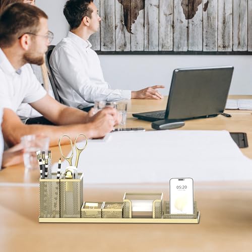 Pen Holder for Desk, 6-Piece Mesh Desk Organizer with Phone Holder, Gold - Image 6