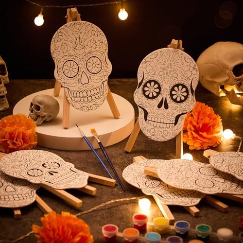 Supervitae 72 Piece Sugar Skull Pre Drawn Canvas Kit 5.9" Dia De Los Muertos Sip and Paint Kit for Adults Painting Party Pre Printed Canvas DIY with Pictures Paints Easels Brushes for Party Gifts - Image 4
