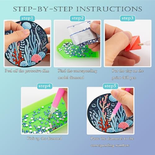Clendo 8 Pcs Ocean Diamond Art Coasters Kits - Animals Diamond Painting Coasters Kit with Holder Cork Pads, DIY 5D Small Mini Diamonds Dots Kit Full Drill Art Craft Supplies 4X4 - Image 4