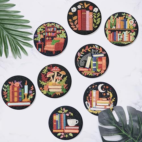 8 Pcs Bookshelf Diamond Art Coasters Kit - DIY 5D Small Diamond Painting Coasters with Holder, Mini Diamonds Arts Kits for Adults Coaster, Gem Art Arts and Crafts for Adults - Image 5