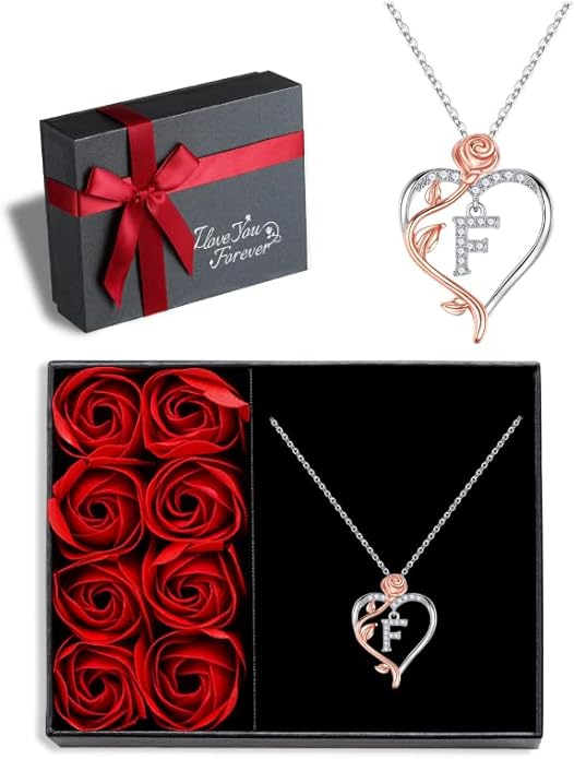 Iefil Stocking Stuffers for Women Wife - 925 Sterling Silver Rose Heart Initial Necklace, Christmas Anniversary Birthday Gifts for Women, Jewelry Gift for Her Wife Girlfriend Mom Daughter