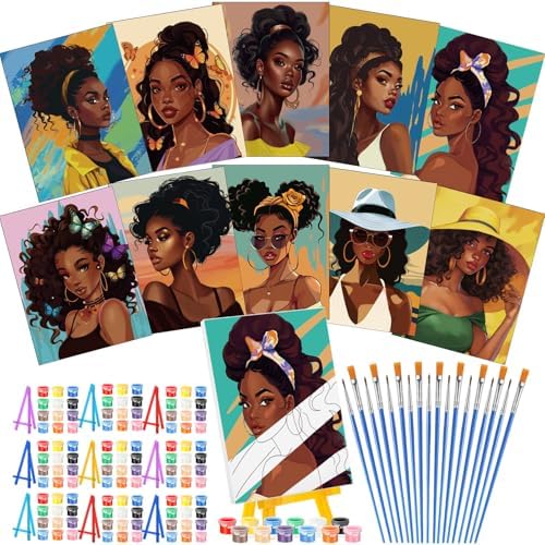 Blosssound 10 Set Pre Printed Canvas Pre Drawn Canvas Painting with Easel Kits 5" x 7" Outline Painting Panels for Beginners, DIY Craft Project, Home Decors(Black Women) by Blosssound