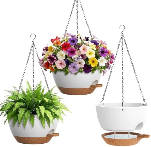 UOUZ Set of 3-10 Inch Self Watering Hanging Planters for Indoor Outdoor，Hanging Plant Pots with Drainage & Removable Tray, Hanging Pots Holder for Pothos Plant, Ferns, Balcony & Patio,White with Brown by UOUZ