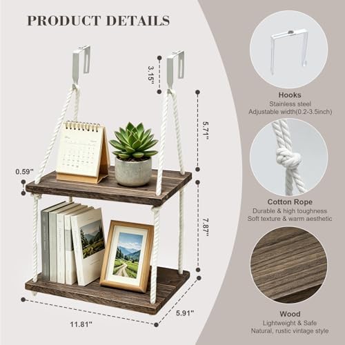 2 Tier Cubicle Shelf with Hooks, Wooden Hanging Organizer for Office - Image 3