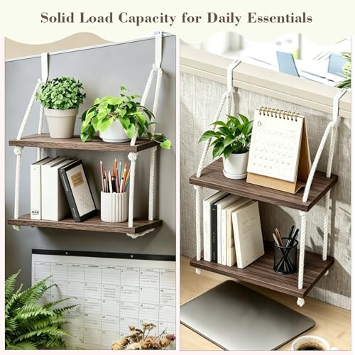 2 Tier Cubicle Shelf with Hooks, Wooden Hanging Organizer for Office - Image 7