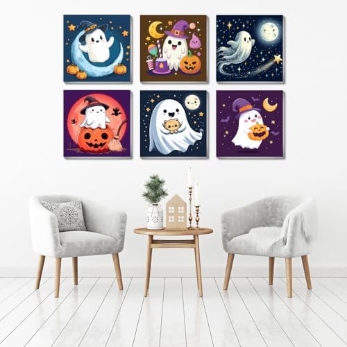 FQOVKYN 6 Pcs Framed Halloween Paint by Numbers Kits for Beginners, Ghosts Adults' Paint-by-Number Kits on Canvas, Easy Acrylic Oil Painting by Number for Gift Home Decor 8x8 inchs - Image 7