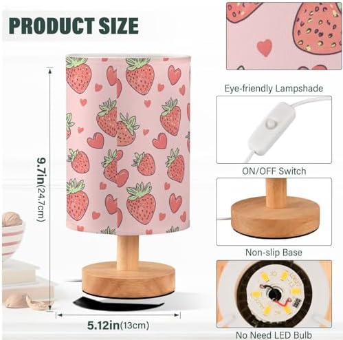 Cute Cartoon Strawberries and Hearts Doodle Bedside Table Lamps with USB Port for Bedroom Lamp Table Lamp Small Nightstand Lamp Sturdy Linen Shade Decorative Lamps for Home Room Kids Reading Nursery - Image 4