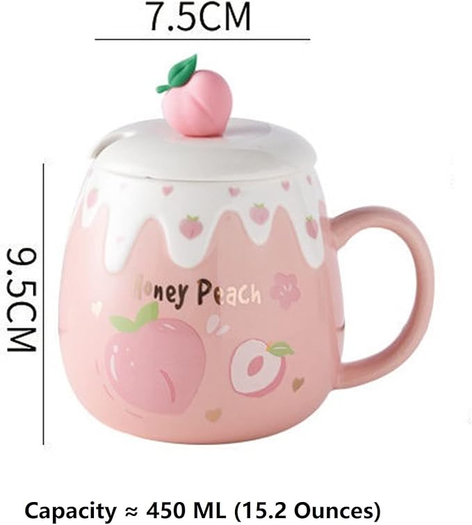 Coffee Mug Cups Ceramic Tea Cup Fruits Peach Shaped Handmade Pottery Cute Mugs With Lid Spoon Handle Office Home Hot Ice Chocolate Milk Mugs Gifts Microwave Dishwasher Safe Travel Mugs (Rose)