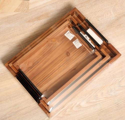 3Pcs Nested Vintage Wood Serving Tray Set, Coffee Table Ottoman Decor Trays - Image 4