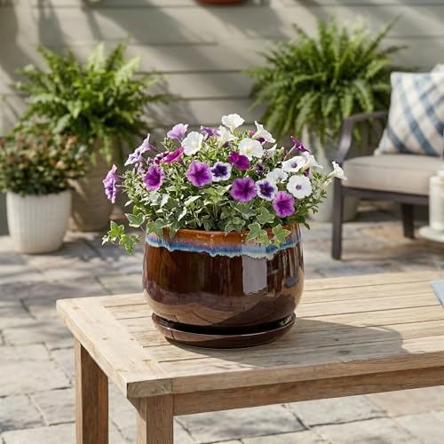 9 Inch Flower Pots - Ceramic Planter with Drainage Hole and Saucer, Decorative Ceramic Pots for Indoor Plants, Round Plant Pot, Garden Home Living Room Decor, Housewarming Gifts, Brown-Blue - Image 3