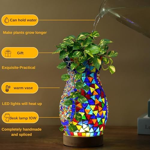Mosaic Vase Lamp, Turkish Moroccan Table Lamp with Wood Base, USB LED - Image 2