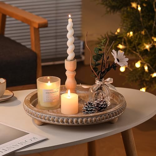 Beige Round Wooden Tray for Decor, Decorative Coffee Table Tray - Image 3